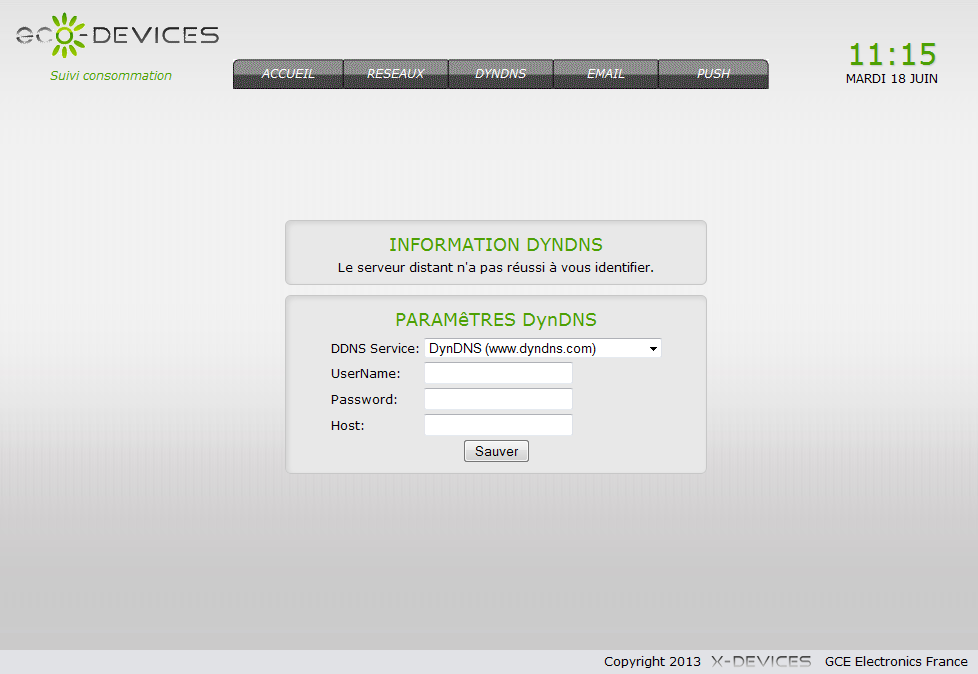 Interface de l'Eco-Device à la page de configuration d'un service dynDNS